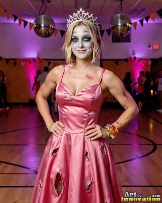 A zombie prom queen woman stands with hands on her hips in a torn pink satin dress under dim gym lights