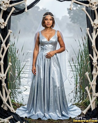 Standing front-facing by a foggy lake, a woman wears a silvery wedding dress