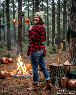A woman smiling in a red flannel shirt stands by a campfire in the woods