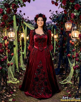 Under a rose arch with lanterns, a woman smiles in a red velvet gown