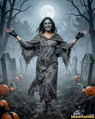Walking forward in a graveyard, a smiling woman wears a tattered gray zombie dress under the full moon