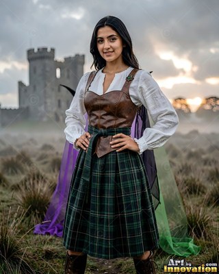 Woman in a green plaid skirt and leather vest by a castle