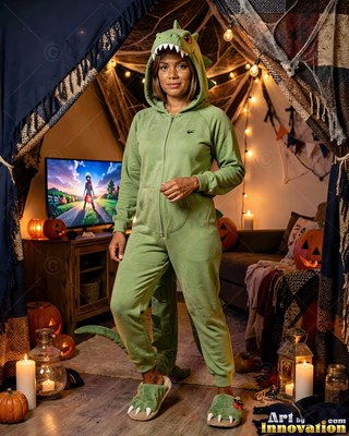 Wearing a green dinosaur onesie, a woman stands in a cozy room lit by candles