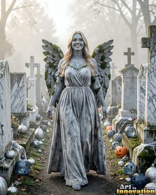 Walking forward in a misty cemetery, a woman smiles in a gray stone angel costume