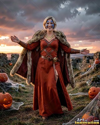A smiling woman in a rust dress and fur cape outdoors by carved pumpkins