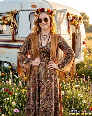 In a wildflower field by a camper, a happy woman poses in a brown hippie dress