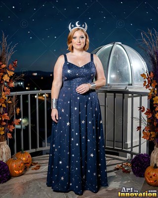 Posing on a rooftop, a woman wears a starry dark blue gown and a crescent moon crown