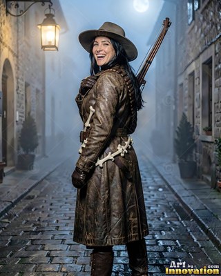 Woman in a brown leather coat and hat on a foggy street