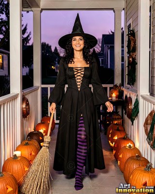 Wearing a tall pointed hat, a smiling woman in a black witch dress walks down a porch lined with pumpkins