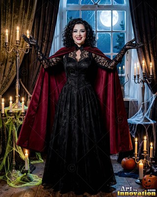 A woman in a red cape and black gown raises her hands in cool blue moonlight