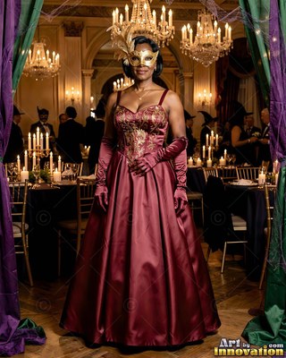 A woman stands in a burgundy ballgown and a gold mask in a ballroom with chandeliers