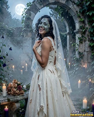 In foggy ruins, a smiling woman has on a tattered white wedding dress