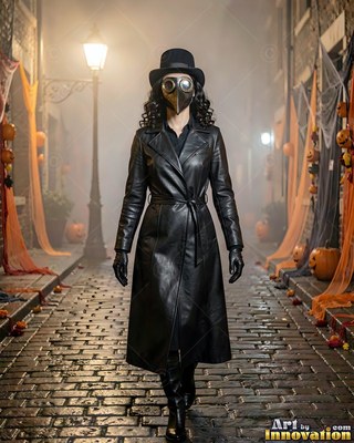 Walking down a misty alley, a woman stands in a plague doctor mask, top hat and black coat