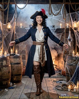 Woman in a pirate costume smiling in a dark room with barrels