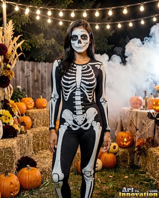 A woman in a skeleton jumpsuit stands by pumpkins under warm string lights