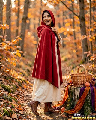 Standing in profile in an autumn wood, a cheerful woman is dressed in a red hooded cloak