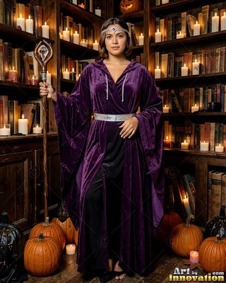 Woman in a purple velvet robe holding a wooden staff