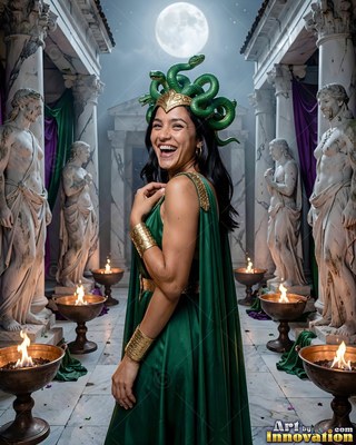 A green snake crown tops a laughing woman dressed as Medusa in a moonlit marble courtyard