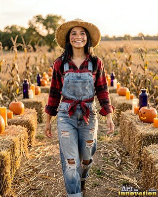 A woman dressed as a scarecrow walks through a cornfield in warm sunset light