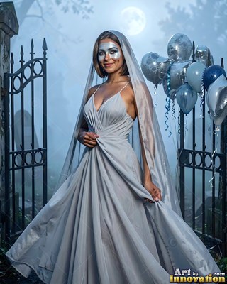 A grinning woman in a gray gown and veil stands by a graveyard gate