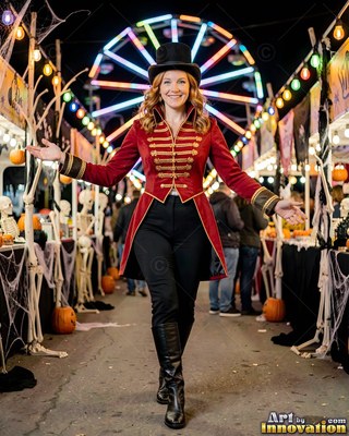 Wearing a red ringmaster jacket, a woman smiles on a dark carnival midway with a Ferris wheel