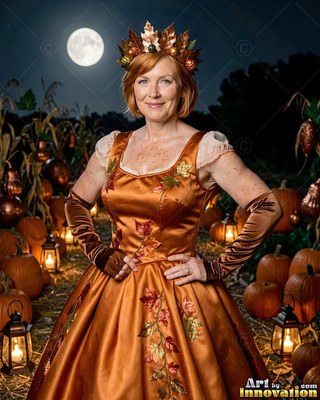 A happy woman stands in a bronze leaf dress under the bright full moon in a pumpkin patch