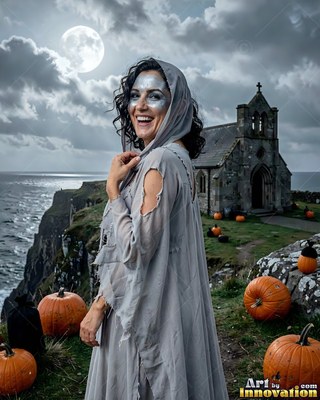 A woman smiling in a ragged gray cloak stands near pumpkins by an old stone church