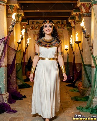 In a torchlit stone hall, a smiling woman walks in an Egyptian white dress and gold collar
