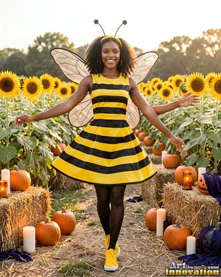 Smiling in a sunflower field, a woman in a bumblebee dress opens her four arms