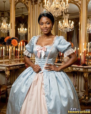 A cheerful woman in a blue ballgown and tiara