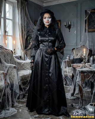 Dressed in a long black satin gown, a woman stands in a dusty room draped in cobwebs