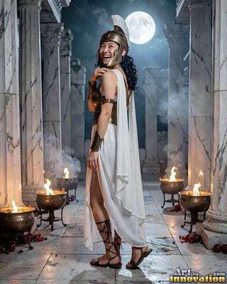 A woman in a Greek costume turns and smiles between columns under cool white moonlight