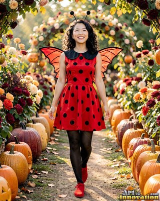 Walking toward the camera on a garden path, a happy woman in a ladybug costume