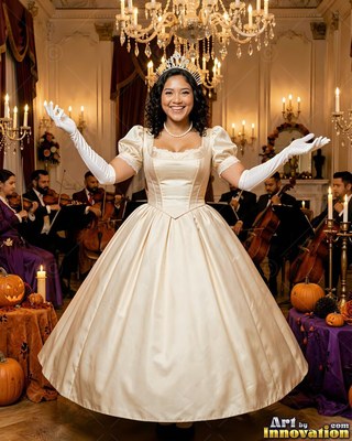 Grinning woman in an ivory ballgown and tiara posing in a warm ballroom
