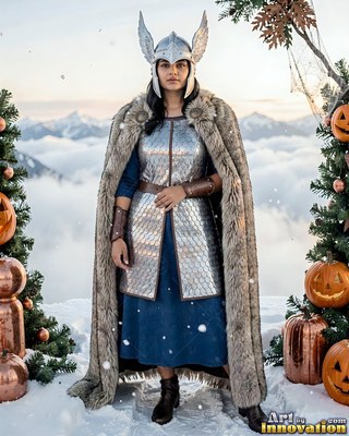 Standing in the snow, a woman stands in a winged helmet, silver armor, and a fur cloak