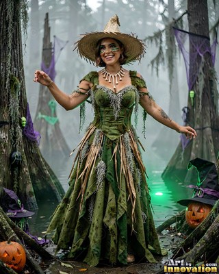 A cheerful woman poses in a swamp witch costume beside murky green water