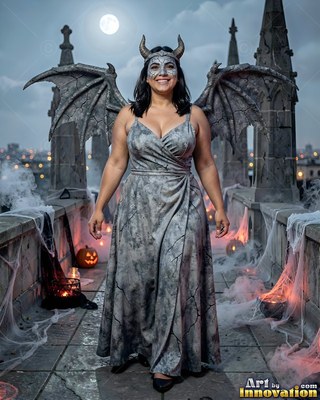 Smiling on a rooftop, a woman stands in stone-patterned gargoyle wings and horns under moonlight