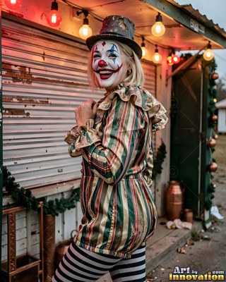 Looking over her shoulder outside a booth, a woman smiles in clown makeup