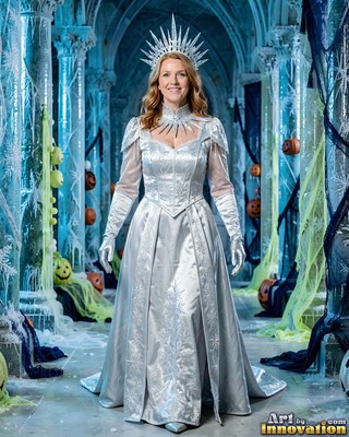 A grinning woman stands in a silver ice queen gown and spiked crown