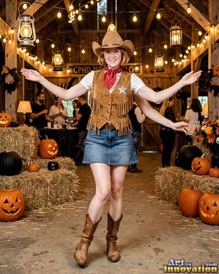 In a decorated barn, a woman with four arms wears a brown cowgirl costume