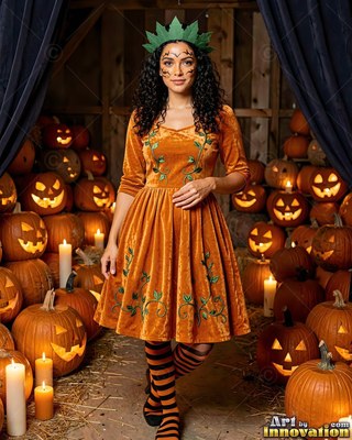 Woman in an orange velvet pumpkin dress surrounded by jack-o'-lanterns