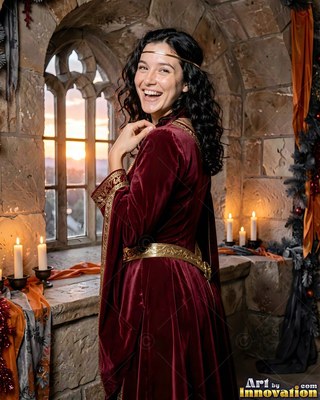 A red velvet medieval gown on a laughing woman standing beside a stone castle window