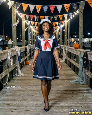 A woman in a navy sailor costume walks down a wooden pier under bright string lights