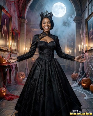 Standing with open arms in a stone hall, a smiling woman stands in a black gown