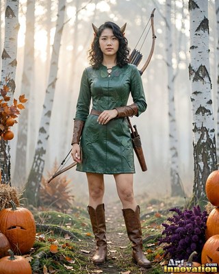 In a birch forest, an elf woman holds a bow in a green dress and brown boots