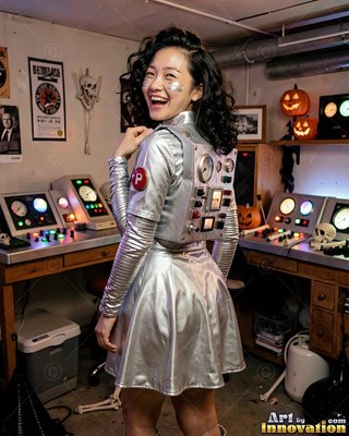 Smiling over her shoulder, a woman in a silver astronaut costume poses in a workshop