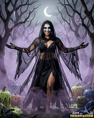 Tattered black hooded robes drape over a smiling woman posing in foggy woods under a crescent moon