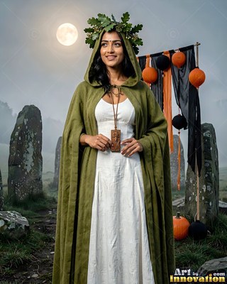 A smiling woman stands in a green hooded cloak beneath a pale full moon