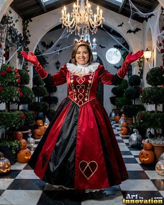 Raising her gloved hands, a cheerful woman stands in a red Queen of Hearts gown in a decorated hall