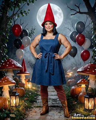 Woman in a blue dress and tall red gnome hat outdoors at night